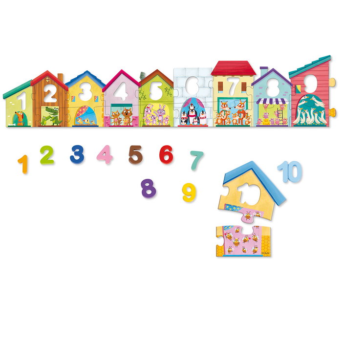 Goula Puzzle éducatif en bois et carton géant 1 à 10 avec 20 pièces illustrées et 10 chiffres pour enfants dès 3 ans - Multilingue