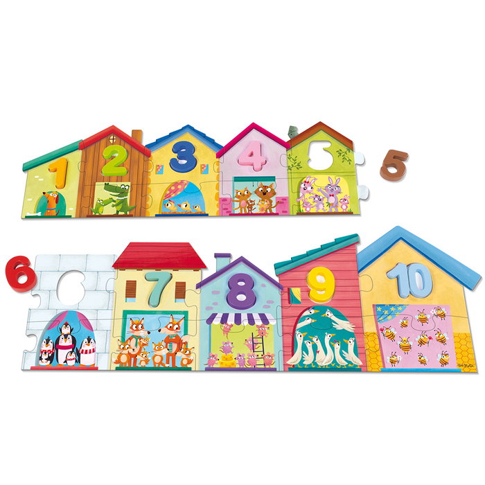 Goula Puzzle éducatif en bois et carton géant 1 à 10 avec 20 pièces illustrées et 10 chiffres pour enfants dès 3 ans - Multilingue