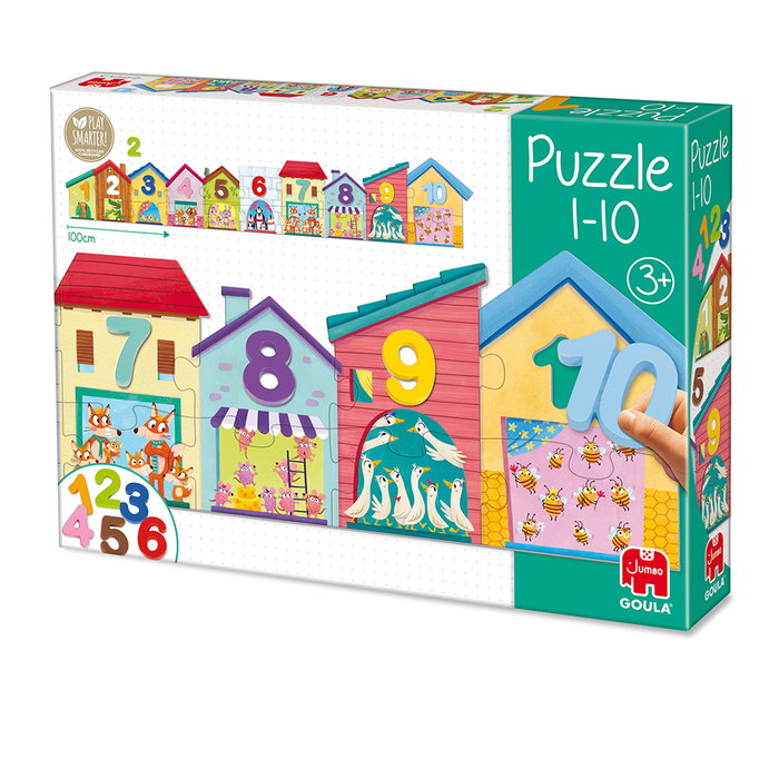 Goula Puzzle éducatif en bois et carton géant 1 à 10 avec 20 pièces illustrées et 10 chiffres pour enfants dès 3 ans - Multilingue