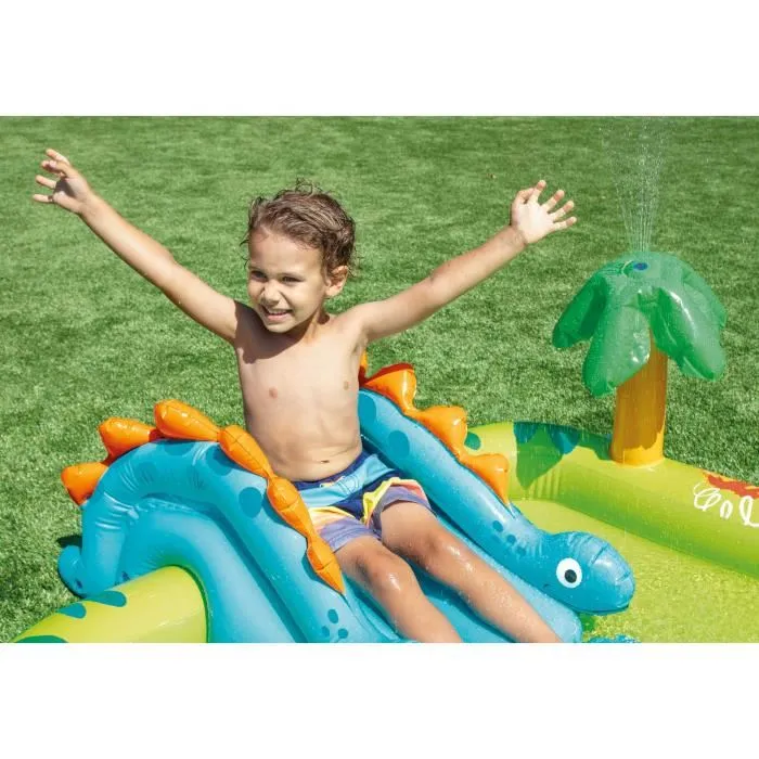 Intex Aire de jeux gonflable Petit Dino 191 x 152 x 58 cm 143 Litres pour enfant 2 ans+ avec toboggan, fontaine et dino gonflable