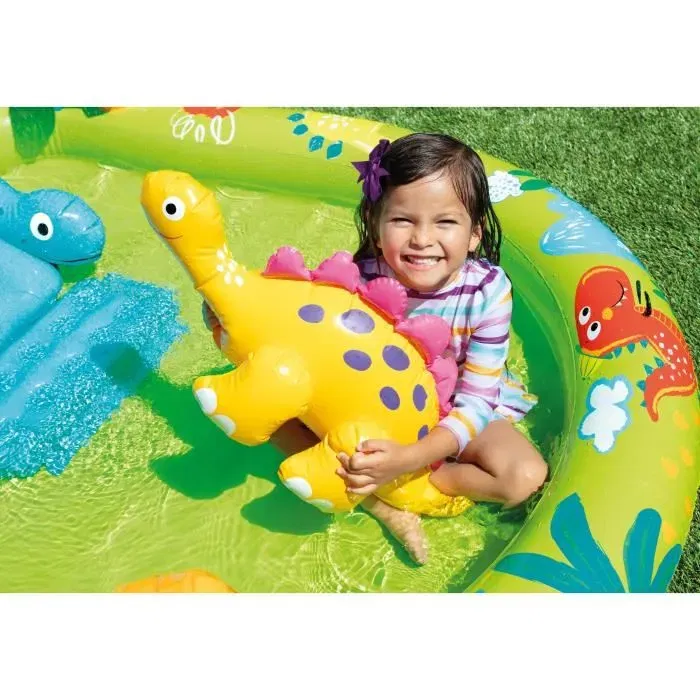 Intex Aire de jeux gonflable Petit Dino 191 x 152 x 58 cm 143 Litres pour enfant 2 ans+ avec toboggan, fontaine et dino gonflable