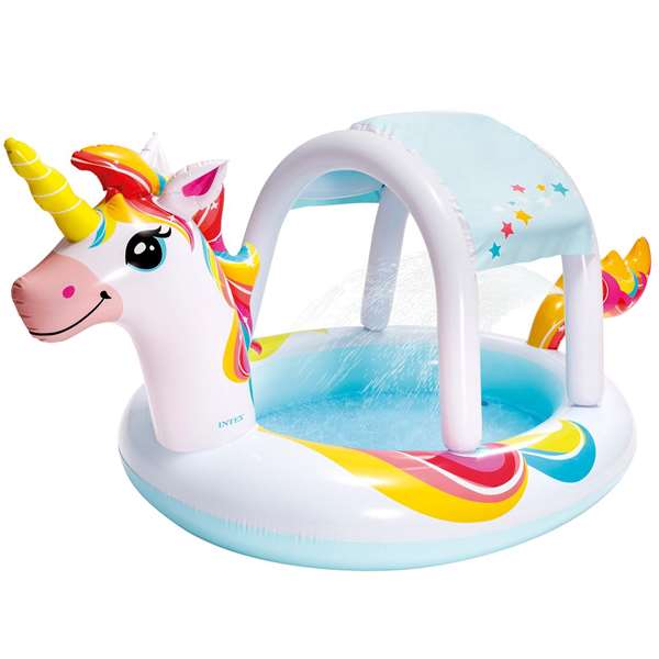 Intex - Piscine gonflable Licorne avec douche et toit, capacité 130 litres, pour enfants à partir de 2 ans, dimensions 254 x 132 x 109 cm, en PVC, forme ronde