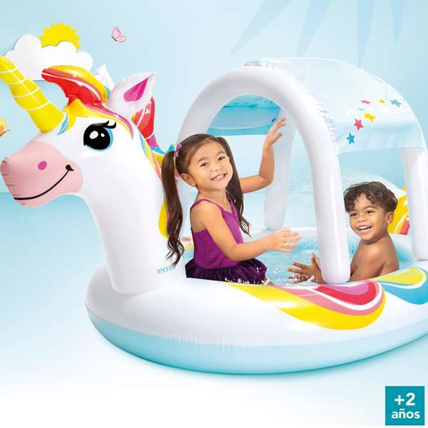 Intex - Piscine gonflable Licorne avec douche et toit, capacité 130 litres, pour enfants à partir de 2 ans, dimensions 254 x 132 x 109 cm, en PVC, forme ronde