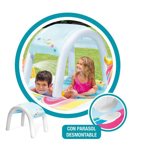 Intex - Piscine gonflable Licorne avec douche et toit, capacité 130 litres, pour enfants à partir de 2 ans, dimensions 254 x 132 x 109 cm, en PVC, forme ronde