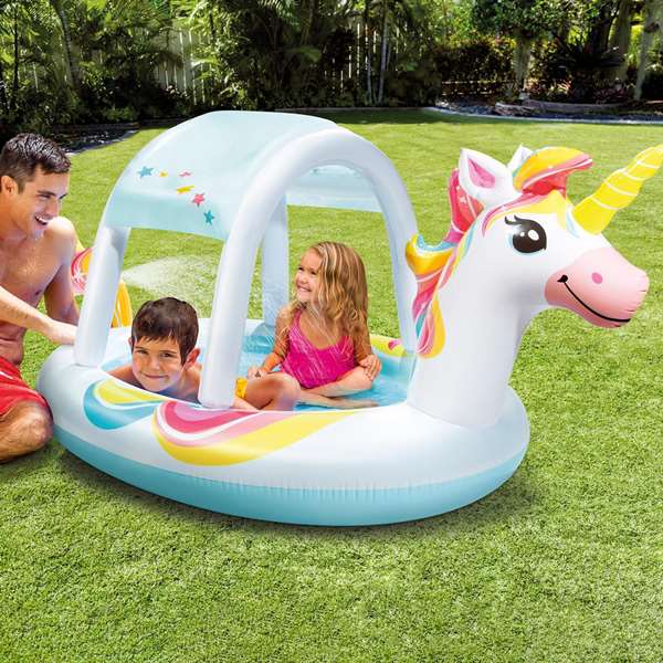 Intex - Piscine gonflable Licorne avec douche et toit, capacité 130 litres, pour enfants à partir de 2 ans, dimensions 254 x 132 x 109 cm, en PVC, forme ronde