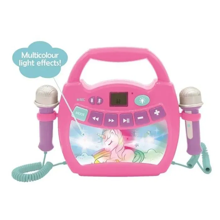 Lexibook Enceinte Bluetooth Licorne - Effets Lumineux Multicolores, Micros pour Karaoké, Prise AUX/USB/TF, Batterie Rechargeable