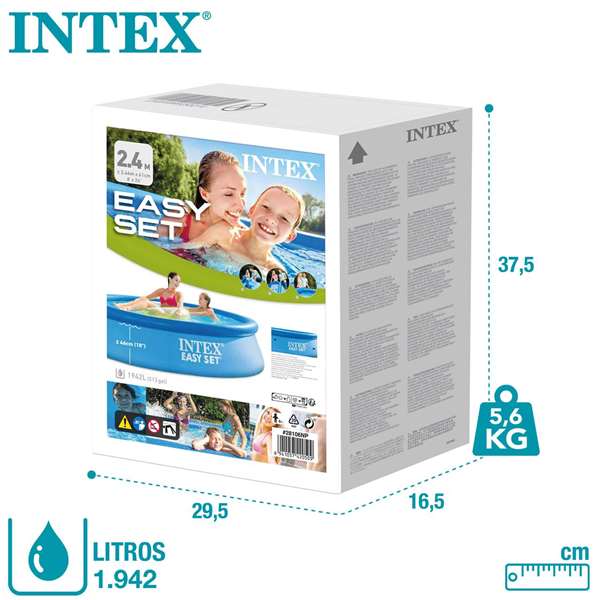Intex Piscine gonflable Easy Set ronde, capacité 1942 L, pour 6 ans et plus, dimensions 244 x 61 cm, PVC