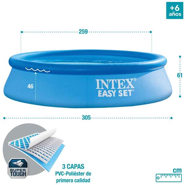 Intex Piscine gonflable ronde Easy Set, 305 cm de diamètre x 61 cm de hauteur, capacité 3077 litres, PVC, pour enfants à partir de 6 ans