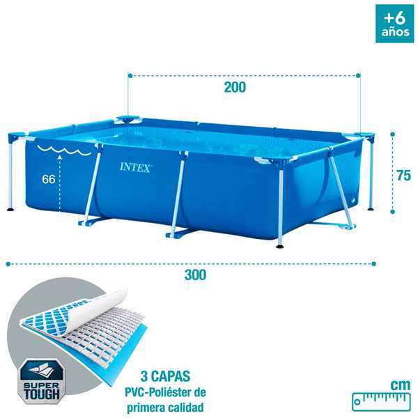 Intex - Piscine rectangulaire démontable 300 x 200 x 75 cm, Capacité 3834 litres, Pour +6 ans, PVC, Acier, Aluminium, PET, PP