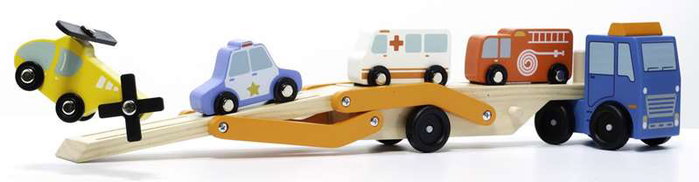 Molto Camion de pompiers en bois avec 6 véhicules, jeu de construction pour enfants