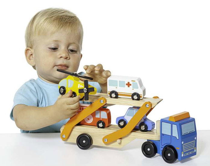 Molto Camion de pompiers en bois avec 6 véhicules, jeu de construction pour enfants