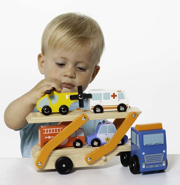 Molto Camion de pompiers en bois avec 6 véhicules, jeu de construction pour enfants