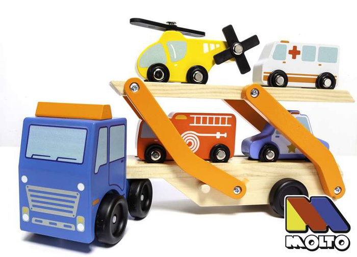 Molto Camion de pompiers en bois avec 6 véhicules, jeu de construction pour enfants