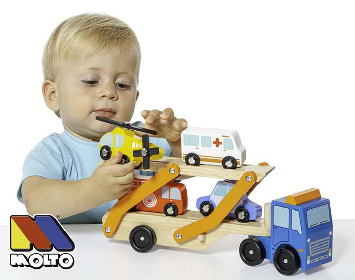 Molto Camion de pompiers en bois avec 6 véhicules, jeu de construction pour enfants