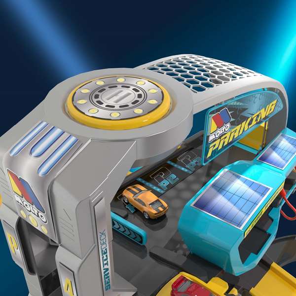 Molto - Parking Future 6 étages 152 cm avec héliport et ascenseur automatique - Jeu de stationnement - Figurines et véhicules inclus - À partir de 3 ans