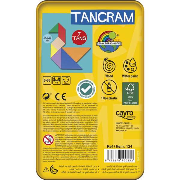 Cayro Tangram en Bois de Couleurs, Jeu de Réflexion dans Boîte Métal 15x15x3 cm, À partir de 5 ans