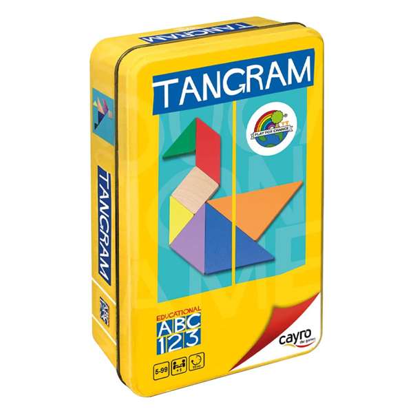 Cayro Tangram en Bois de Couleurs, Jeu de Réflexion dans Boîte Métal 15x15x3 cm, À partir de 5 ans
