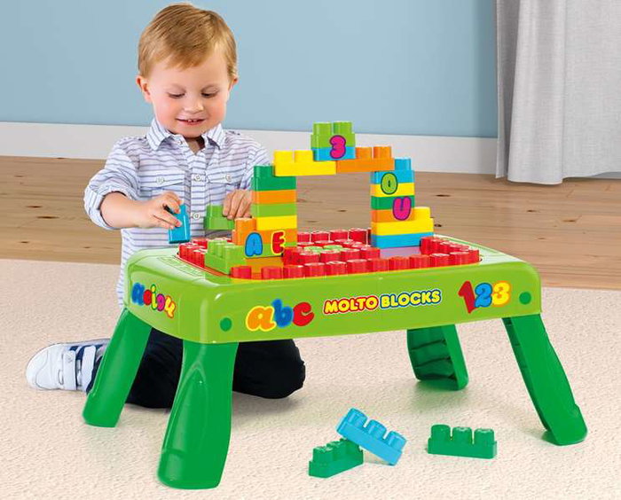 Molto - Table de construction pliable avec 20 blocs - Jeu de construction - Plastique - À partir de 1 an - Version espagnol et anglais
