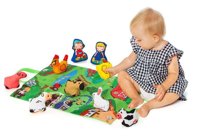 Molto - Manta activités Farm and Fun - Couverture de jeu ferme avec 7 figurines en tissu souple - Pour enfants de 1 an et plus