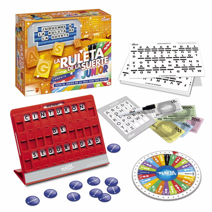 Diset - Jeu de société La roue de la fortune Junior 46207, jeu TV pour enfants dès 8 ans, avec roulette et panneaux de lettres