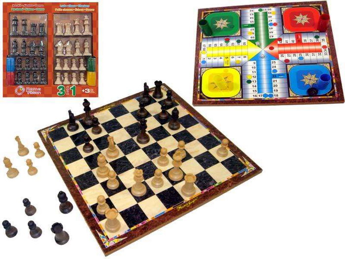Rama - Jeu de société en bois 3 en 1 avec accessoires (Parchís, échecs et dames), multilingue (espagnol, français, portugais, anglais) Rama - Jeu de société en bois 3 en 1 avec accessoires (Parchís, échecs et dames), multilingue (espagnol, français, portugais, anglais)
