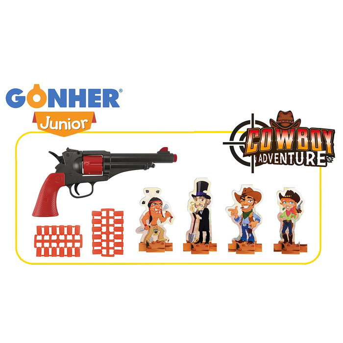 Gonher Pistola Cowboy 8610/0 - Pistolet de cowboy jouet à projectiles souples, 24 balles et 4 personnages cibles inclus Gonher Pistola Cowboy 8610/0 - Pistolet de cowboy jouet à projectiles souples, 24 balles et 4 personnages cibles inclus