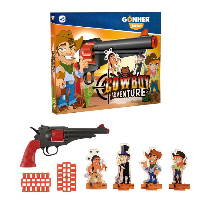 Gonher Pistola Cowboy 8610/0 - Pistolet de cowboy jouet à projectiles souples, 24 balles et 4 personnages cibles inclus Gonher Pistola Cowboy 8610/0 - Pistolet de cowboy jouet à projectiles souples, 24 balles et 4 personnages cibles inclus