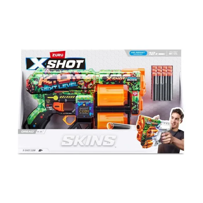 Zuru X-SHOT Dread - Lanceur de fléchettes avec canons rotatifs doubles, 12 fléchettes, portée 27 m, 7 designs à collectionner
