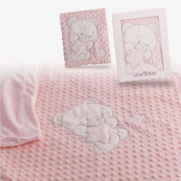 Creaciones Llopis Manta doble Oso - Couverture double 100x75 cm ours brodé rose dans une boîte cadeau