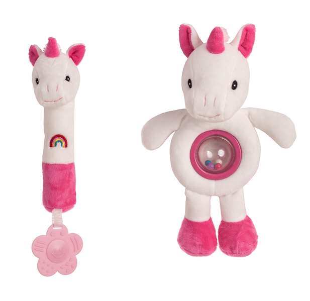 Creaciones Llopis Sonajero bolita unicornio rosi 28 cm - Sonnette de bébé à grelot en forme de boule licorne rose 28 cm, polyester