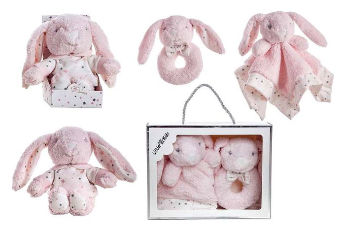 Creaciones Llopis Dou-dou 30x30 + hochet 16 cm en lapin rose avec boîte - Peluche et jouet d'éveil en polyester pour bébé à partir de 3 ans