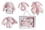 Creaciones Llopis Dou-dou 30x30 + hochet 16 cm en lapin rose avec boîte - Peluche et jouet d'éveil en polyester pour bébé à partir de 3 ans