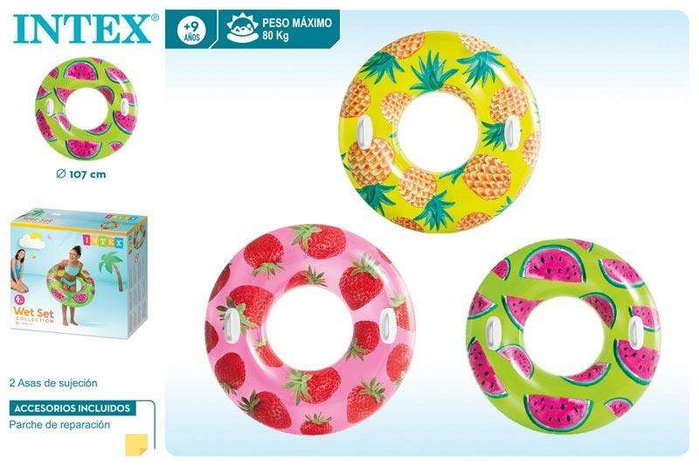 Intex Flotador con asas rueda frutas tropicales - Bouée avec poignées et roue motifs fruits tropicaux 107 cm, mod. Sdos, pour 9 ans et plus, modèles assortis Intex Flotador con asas rueda frutas tropicales - Bouée avec poignées et roue motifs fruits tropicaux 107 cm, mod. Sdos, pour 9 ans et plus, modèles assortis
