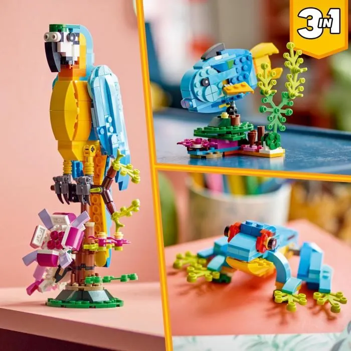 Lego Creator 3-en-1 31136, Perroquet Exotique - Figurine Animaux de la Jungle avec Grenouille et Poisson
