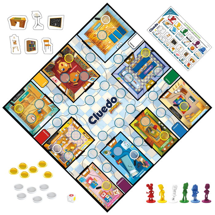Hasbro Games Cluedo Junior F6419 - Jeu de société de mystère en espagnol pour enfants - Version 2 en 1 avec plateau réversible - À partir de 4 ans