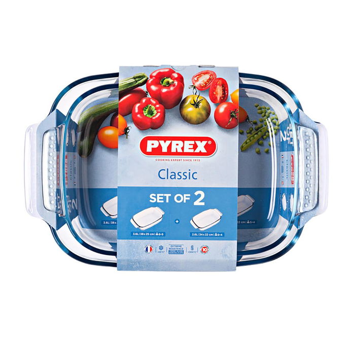 Pyrex Lot de 2 Fuentes Horno Boro Classic 39x27x8 cm en Verre Résistant pour Four Micro-ondes Congélateur