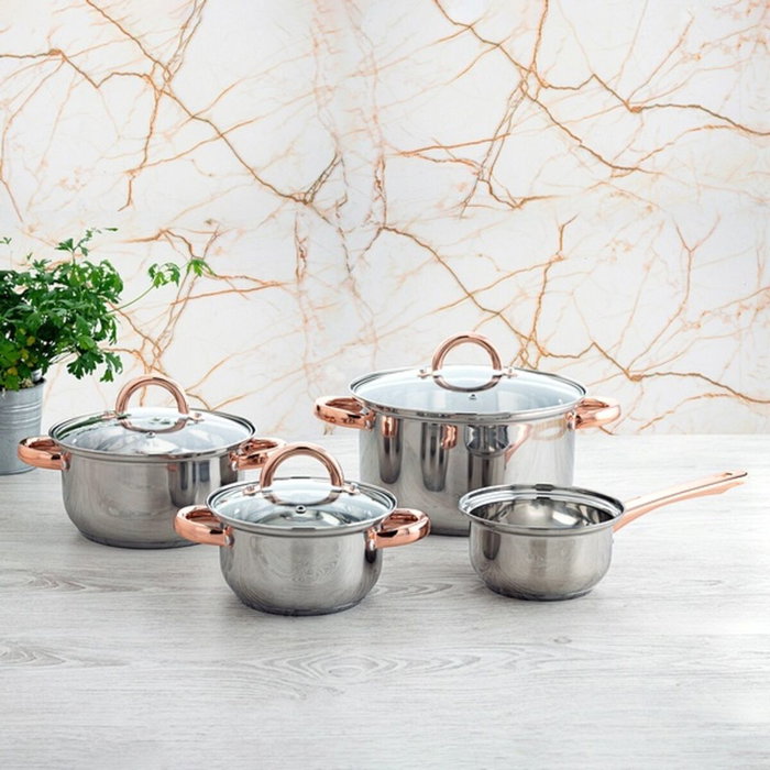 Quid Set de 4 Casseroles Acier Inoxydable Vanity - Compatible Induction, Vitrocéramique, Gaz, Électrique - Finition Métallisée