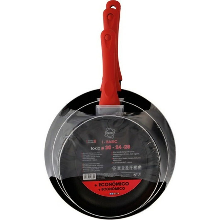 Quid Set de 3 Sartenes de Aluminio Estampado Tokio 20-24-28 cm Rojo con Recubrimiento Antiadherente para Inducción y Vitrocerámica