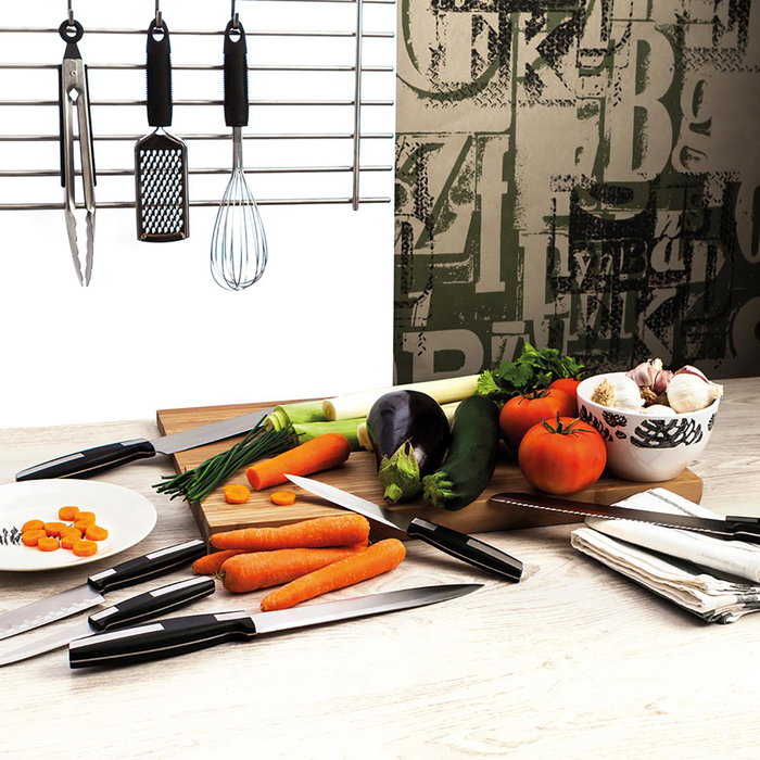 Quid Couteau à Jambon Habitat Acier Inoxydable 25 cm (12 Unités) Noir Métal Poignées Soft Touch