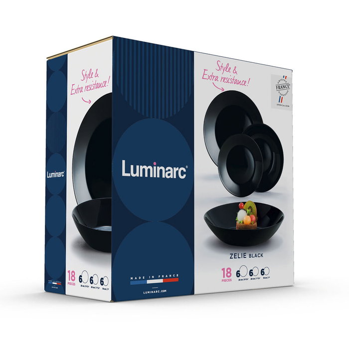 Luminarc Zelie Negro Service de Table en Verre Noir 18 Pièces - 6 Personnes - Compatible Micro-ondes