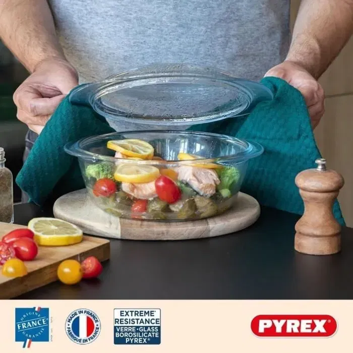 Pyrex 1450096 - Cocotte Ronde en Verre Borosilicate - Résistance -40°C à +300°C - 2.1 Litres - Made in France - Garantie 10 ans