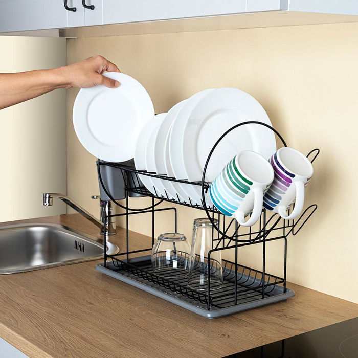 Quid Égouttoir 2 hauteurs avec range-couverts Armony Gris Métal 52x23x36 cm Quid Égouttoir 2 hauteurs avec range-couverts Armony Gris Métal 52x23x36 cm