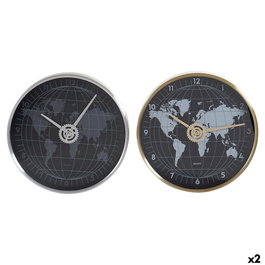 Horloge Murale DKD Home Decor Noir Doré Argenté Aluminium Verre Mappemonde 30 x 4,3 x 30 cm (2 Unités)