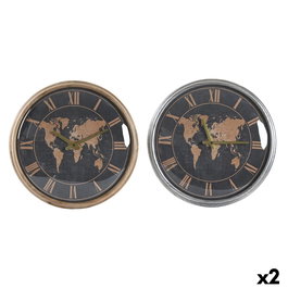 Horloge Murale DKD Home Decor 46 x 6,5 x 46 cm Verre Argenté Noir Doré Marron Fer Mappemonde (2 Unités)