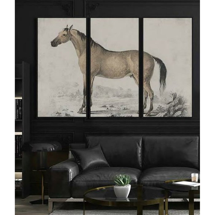 DKD Home Decor Ensemble de 3 Toiles Décoratives Motif Cheval Noir et Gris