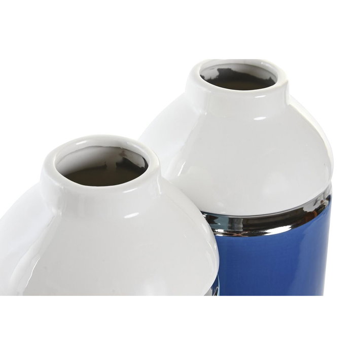 DKD Home Decor Vase en Grès Argenté Blanc Bleu ciel et Blue marine (2 Unités) 12 x 12 x 18,5 cm