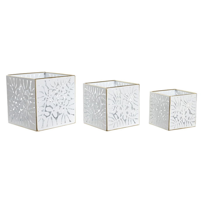 Set de pots de fleurs DKD Home Decor Volets Doré Métal 15 x 15 x 15 cm Blanc Tropical Feuille d'une plante Set de pots de fleurs DKD Home Decor Volets Doré Métal 15 x 15 x 15 cm Blanc Tropical Feuille d'une plante