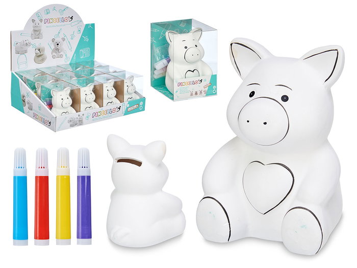 Pincello Tirelire Cochon Céramique Blanc avec 4 Feutres 9x12,5x10 cm (Set de 24) Pincello Tirelire Cochon Céramique Blanc avec 4 Feutres 9x12,5x10 cm (Set de 24)