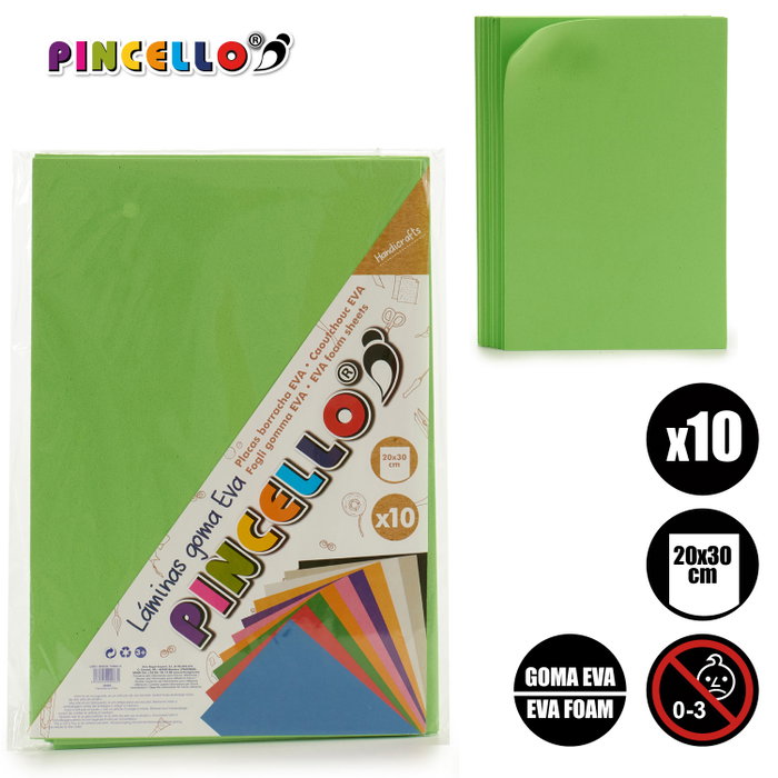 Pincello Lot de 10 Feuilles de Mousse EVA Verte 20x30 cm (Set de 24)