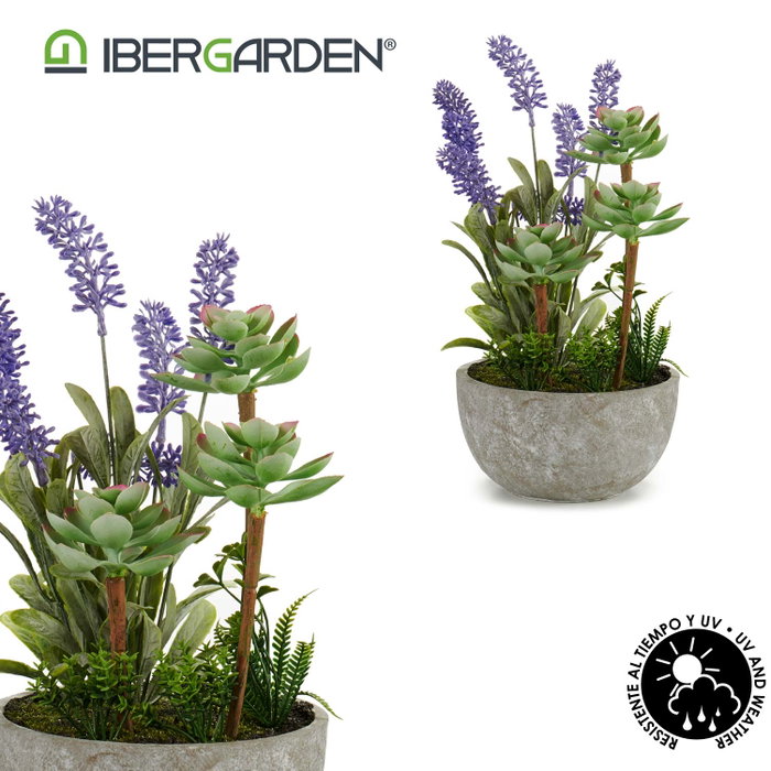 Ibergarden Plante Artificielle Lavande en Pot Ciment Gris Vert Violet 23x31x16 cm (Set de 8)